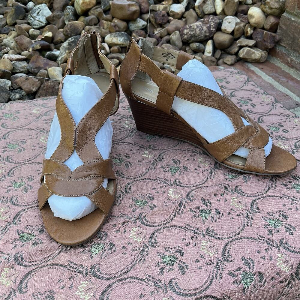 Nine West Sandals Women's 9M Wedge Zip Brown Leather Strappy